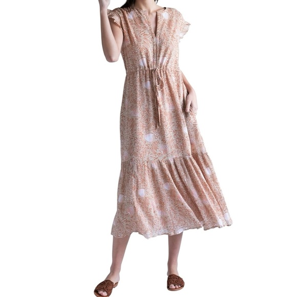 OLIVIA JAMES Delia Midi Dress in Summer Shells Sand | Tan Flutter Sleeve Medium - Picture 6 of 6